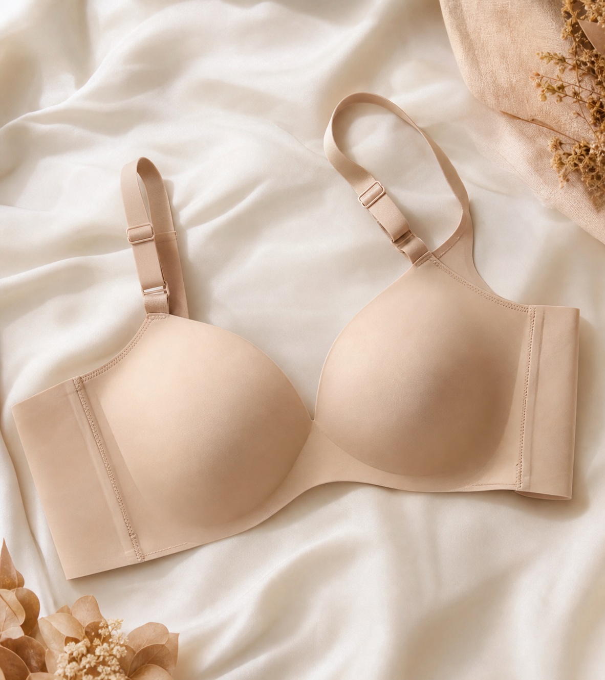 Wire-free shaping bra in nude on flat surface